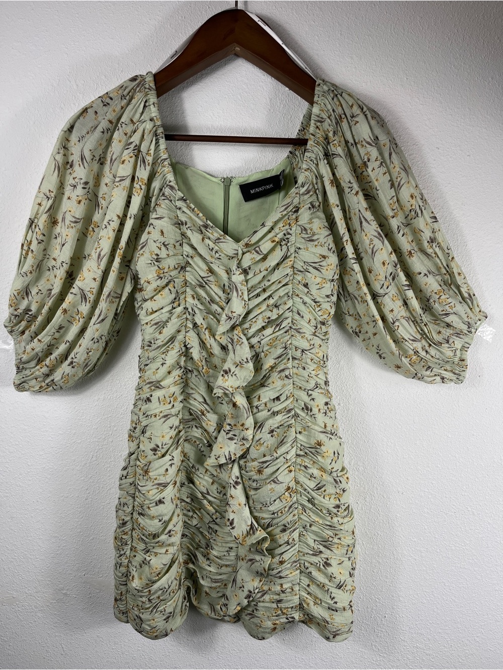 Minkpink Olla Ruched Floral Women Mini Dress Sz XXS Sage Green Summer wedding